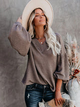 Loose V-neck Lantern Sleeve Top