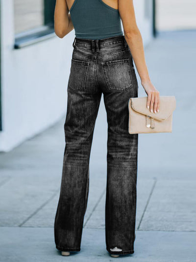 Slim and Ripped Wide-leg Denim Trousers Pant
