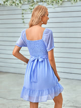 V Neck Solid Color Waist Short Sleeve Dress
