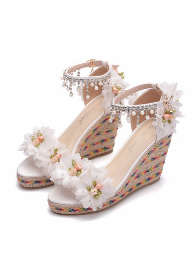 Flower Beaded Fishmouth Wedge Sandals