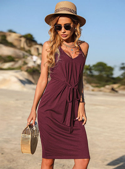 Slim Backless Seeveless Pleated Sling Dress