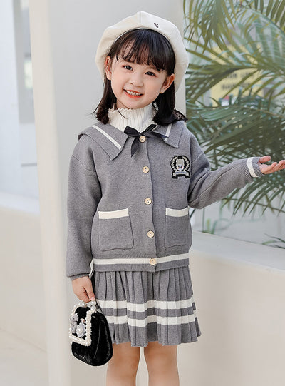 Embroidered Bear Pleated Skirt Two-piece Set