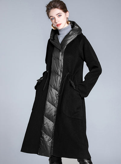 Thickened Long Woolen Stitching Hooded Jacket