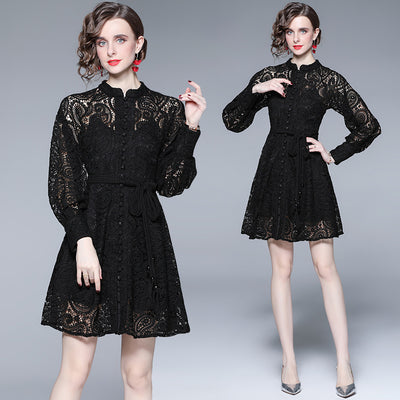 Black Lace Lantern Sleeve Short Dress