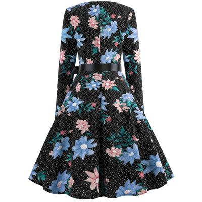 Printed Long Sleeve Retro Big Swing Dress