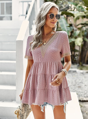 V-neck Hollow Jacquard Short-sleeved Shirt