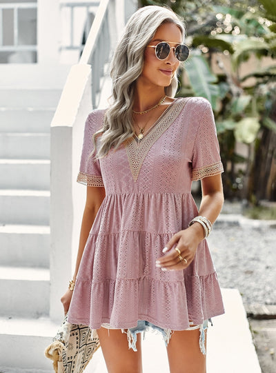 V-neck Hollow Jacquard Short-sleeved Shirt