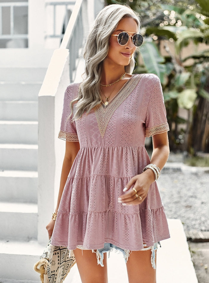 V-neck Hollow Jacquard Short-sleeved Shirt