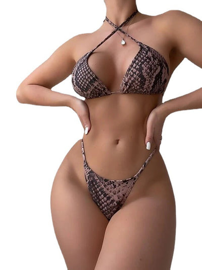 Snakeskin Three-piece Cross-tether Hip-wrapped Swimsuit