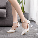 White Lace Rhinestone Pearls Wedding Shoes