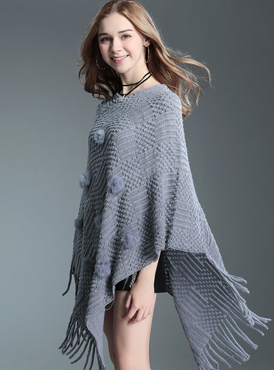 Fringed Sweater Fur Ball Shawl Cape Knitted Shawl