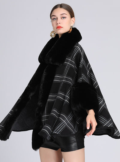 Wool Collar Plaid Shawl Cape Large Lapel Loose
