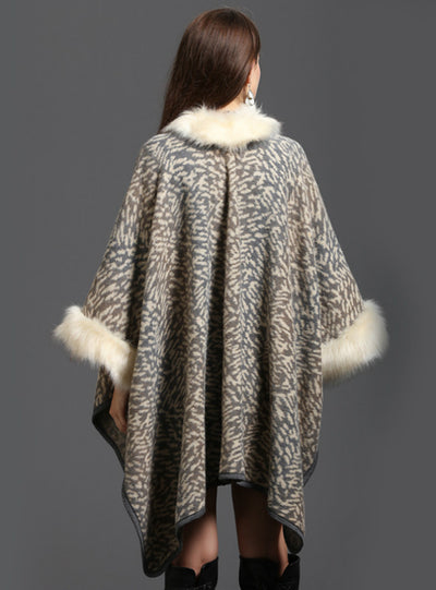Fox Like Fur Collar Printed Knitted Cardigan Shawl Cape