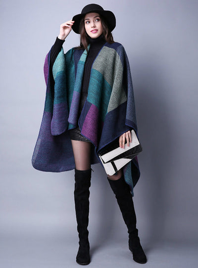 Joker Plaid Shawl Cashmere Split Thick Cloak