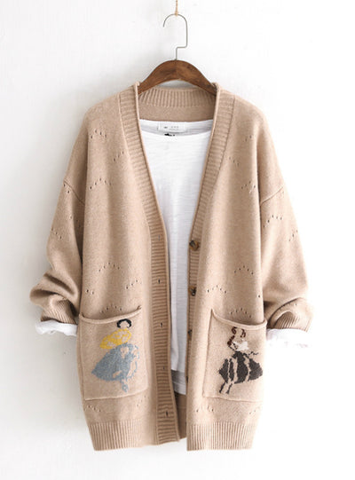 Women V Neck Cardigan Hollow Pocket Girl's Coat
