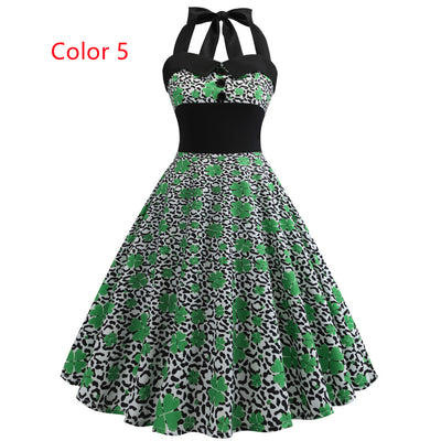 Retro Sleeveless Four-leaf Clover Print Dress