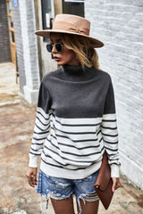 High Neck Striped Sweater Blouse