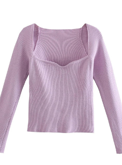 Women Top Long Sleeve heart-neck Casual Knit Sweater