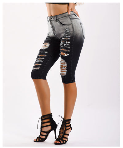 Stretch Hole Straight Black Jeans Pants