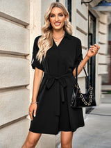 Solid Color Lapel Short Sleeve Belt Dress
