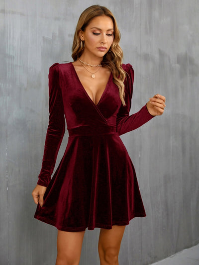 V-neck Long Sleeve Velvet Dress