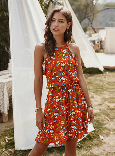 Casual Sleeveless Ruffles Above Knee Mini Floral Dress