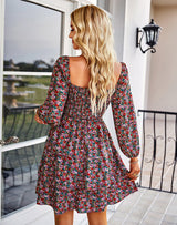 Square Neck Long Sleeve Print Cake Dress