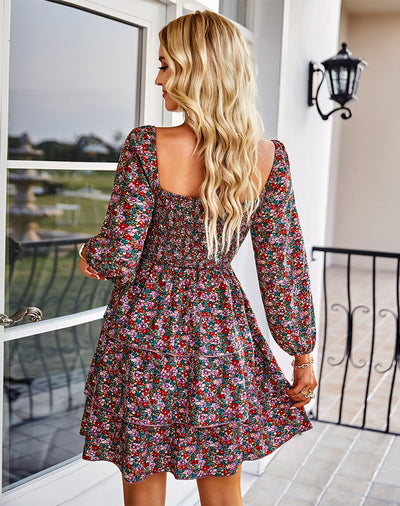 Square Neck Long Sleeve Print Cake Dress