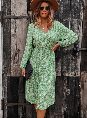 V-neck Sexy Big Swing Long Sleeve Dress