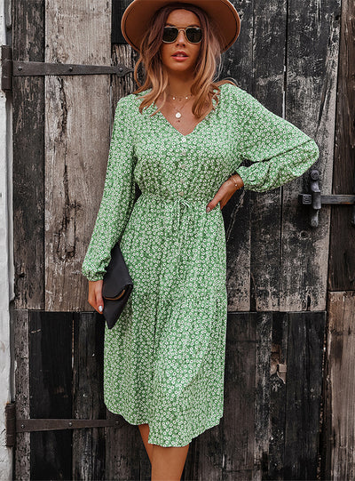 V-neck Sexy Big Swing Long Sleeve Dress