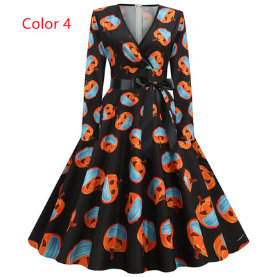 Long Sleeve V-neck Slim Print Dress