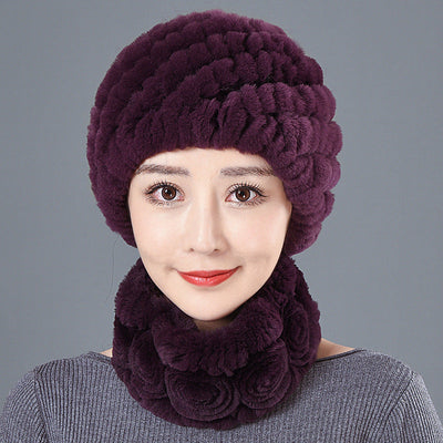 Winter Fur Rex Rabbit Fur Warm Scarf Hat Set