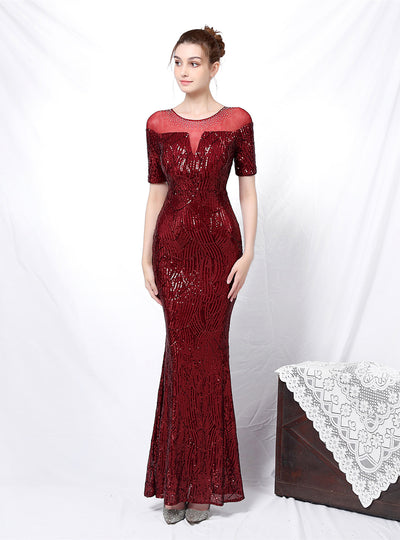 Long Sleeve Sequined Evening Dress