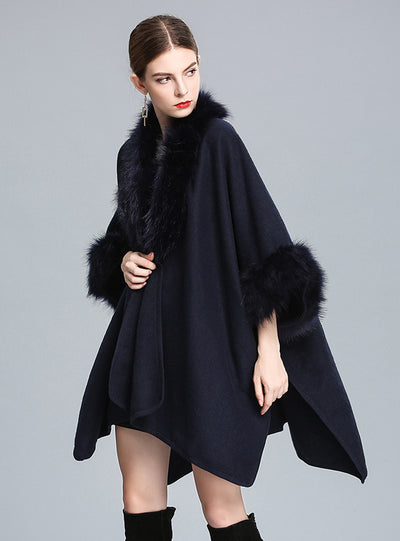 Imitation Fox Fur Collar Shawl Cape Woolen Coat Cardigan
