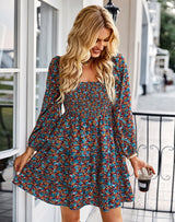 Square Neck Long Sleeve Print Cake Dress