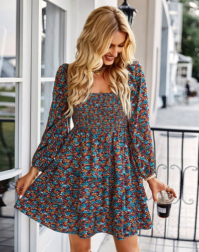 Square Neck Long Sleeve Print Cake Dress