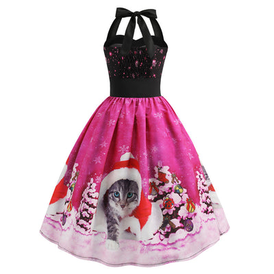 Retro Christmas Printed Halter Dress