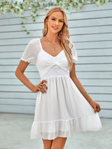 V Neck Solid Color Waist Short Sleeve Dress
