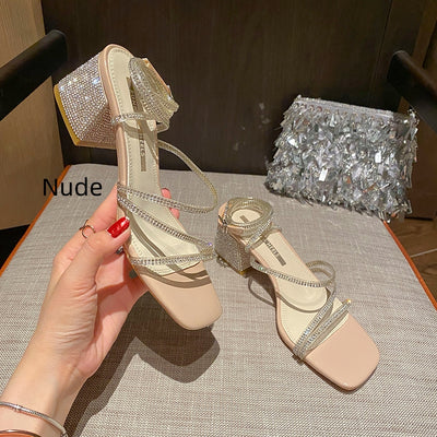 Thick-heeled Rhinestone Sandals
