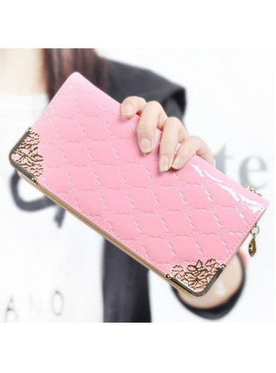 Brand Women Long Patent Leather Plaid Wallet
