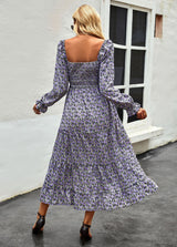 Retro Square Collar Printed Holiday Style Dress