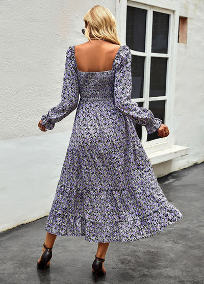 Retro Square Collar Printed Holiday Style Dress