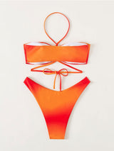 Orange Halter Mesh Three-piece Split Swimsuit