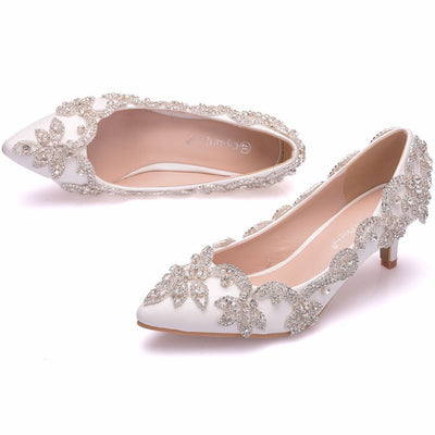 Rhinestone-heeled Pointed Shallow Wedding Shoes