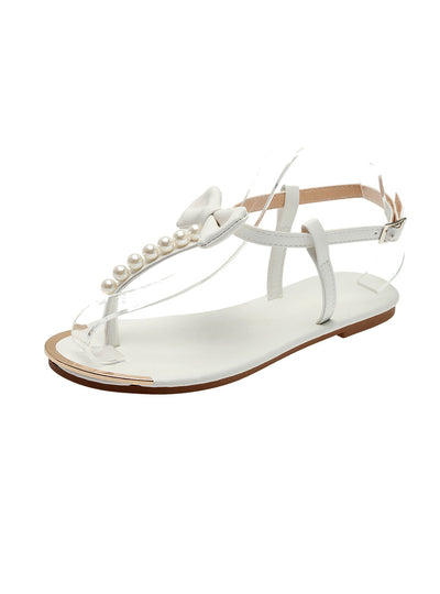 Pearl Bow Round-headed Flat Sandals