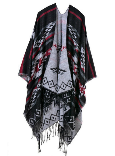 Geometric Rhombic Tassel Cape With Split Shawl