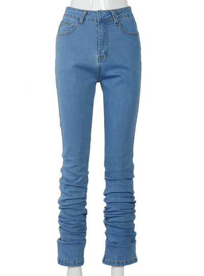 Simenual Ruched Denim Blue High Wait Stacked Pants