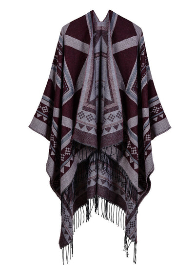 India Nepal Geometric Tassel Split Long Cloak