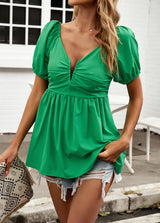 V-neck Short-sleeved Solid Color Shirt