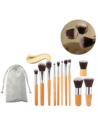 11Pcs Natural Bamboo Makeup Brushes With Bag